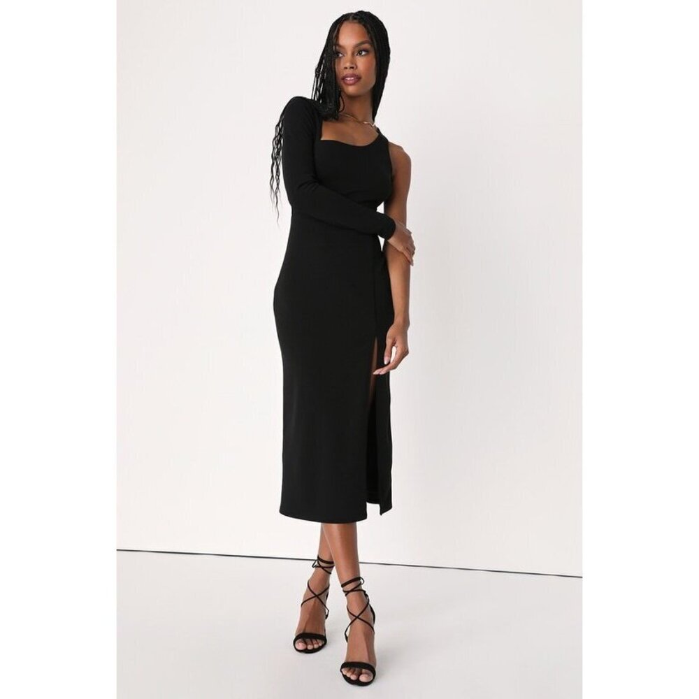 Lulus Stunning Drama Black Asymmetrical Long Sleeve Midi Dress - Size S